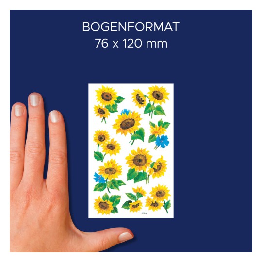 Porównanie wielkości z ręką, artykuł: 54103, jeden arkusz naklejek z kwiatami, format: 85 x 160 mm, kolor: kolorowy.