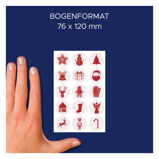 Porównanie rozmiarów z ręką, Artykuł: 54479, jeden arkusz naklejek świątecznych, Format: 85 x 160 mm, Kolor: Czerwony.