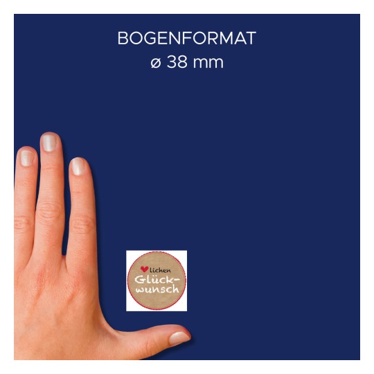 Porównanie wielkości z dłonią, Artykuł: 56814, jeden arkusz naklejek na rolce, Format: ⌀ 38 mm, Kolor: Kolorowy.