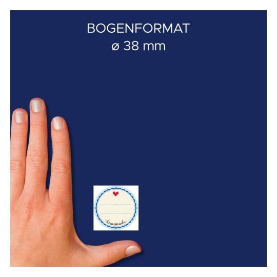 Porównanie wielkości z ręką, artykuł: 56819, arkusz naklejek na rolce, format: ⌀ 38 mm, kolor: kolorowy.