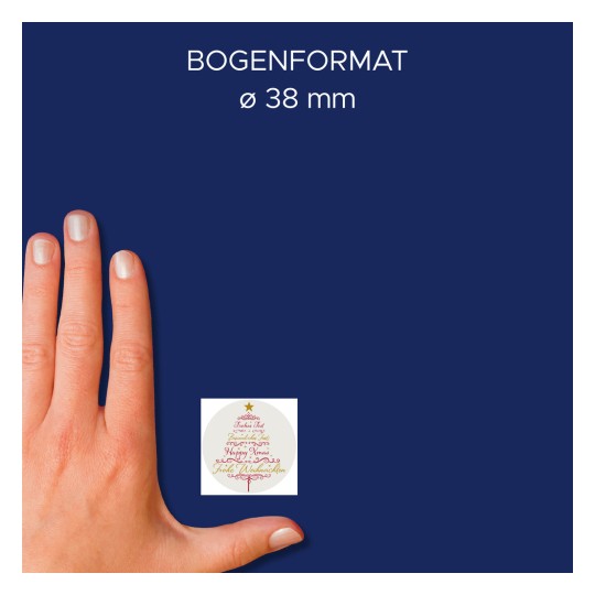Porównanie rozmiaru z dłonią, artykuł: 56825, arkusz naklejek na rolce, format: ⌀ 38 mm, kolor: kolorowy.