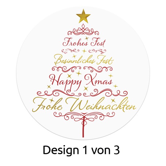 Obraz przedstawia okrągły wzór z stylizowaną choinką z frazami w wielu językach, w tym „Frohes Fest”, „Besinnliches Fest”, „Happy Xmas” i „Frohe Weihnachten”. Na szczycie choinki znajduje się złota gwiazda, a tekst otaczają elementy dekoracyjne.