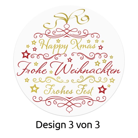 Obraz przedstawia okrągły wzór z świątecznym tekstem w czerwieni i zieleni. Zawiera frazy takie jak „Happy Xmas”, „Frohe Weihnachten” i „Frohes Fest”, ozdobione gwiazdami, wirami i kokardą na górze. Projekt oddaje świąteczną tematykę.