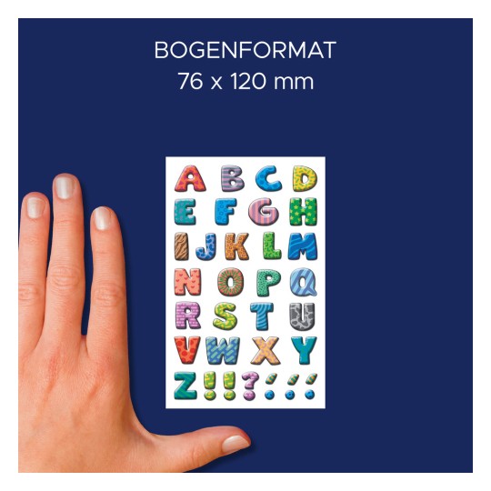 Porównanie wielkości z ręką, artykuł: 59334, arkusz etykiet z literami, format: 85 x 160 mm, kolor: kolorowy?