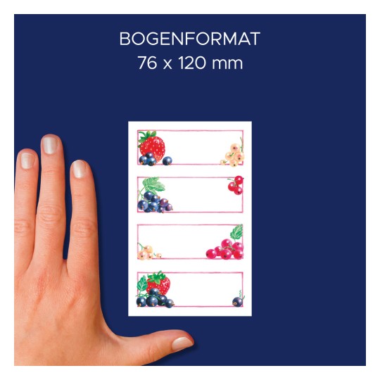 Porównanie rozmiaru z dłonią, Artykuł: 59550, jeden arkusz etykiet na marmoladę, format: 26 x 70 mm, kolor: wielobarwny.