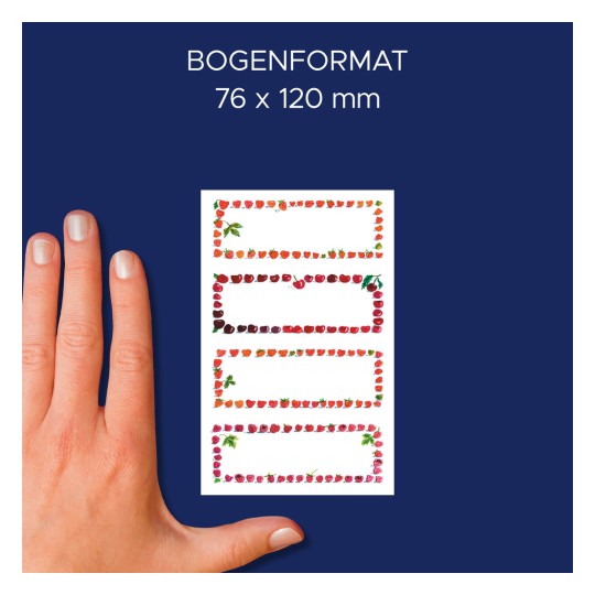 Porównanie rozmiaru z ręką, artykuł: 59693, arkusz etykiet na dżemy, format: 26 x 70 mm, kolor: kolorowy?