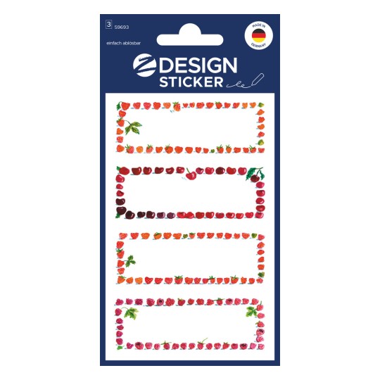 Opakowanie: Z-Design, Artykuł: 59693, Etykiety na dżem, 26 x 70 mm, Małe opakowanie, 12 naklejek / 3 arkusze.