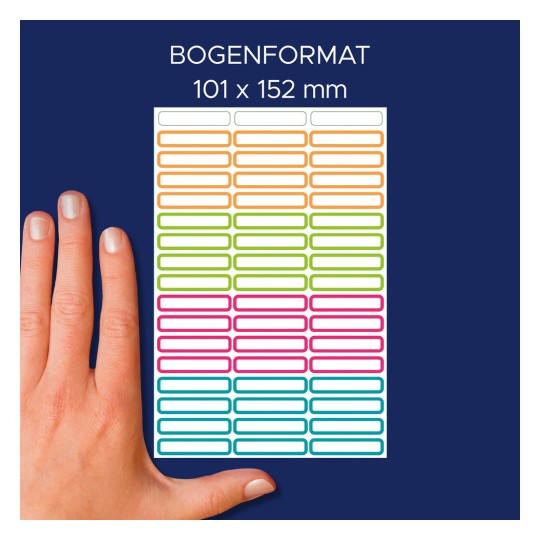 Porównanie wielkości z ręką, Artykuł: 59983, zestaw arkuszy naklejek z imionami, format: 130 x 183 x 5 mm, kolor: kolorowy.