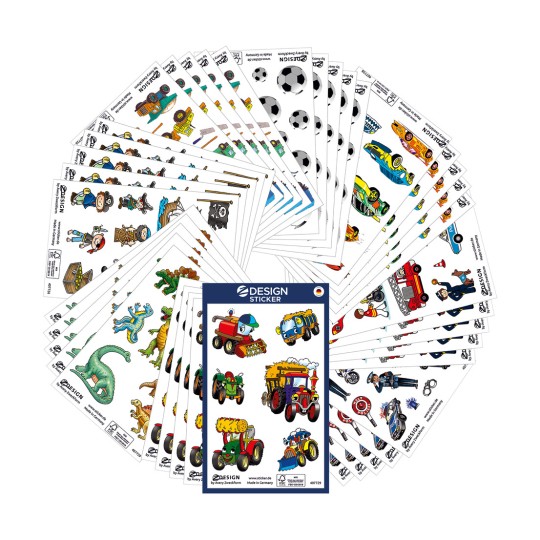 Ilustracja opakowania z arkuszem etykiet: Z-Design Sortiment Sticker, artykuł: 59991, format: 130 x 183 x 5 mm, zawartość: 480 naklejek / 40 arkuszy, 12 naklejek/arkusz.
