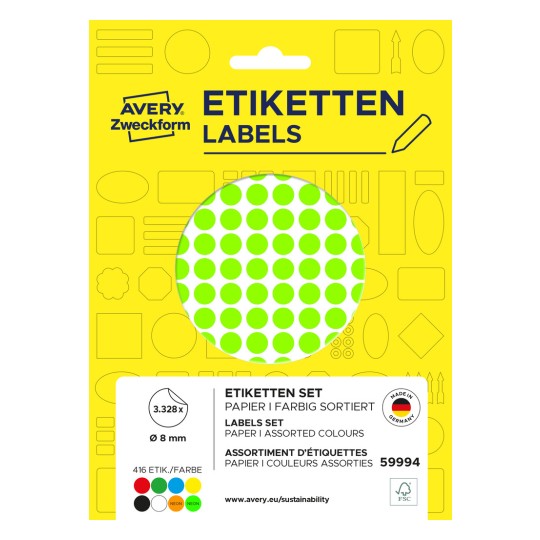 Opakowanie: Avery Zweckform, Artykuł: 59994, Kolorowe punkty oznaczające, Format: ⌀ 8 mm, Zawartość: 3.328 punktów oznaczających / 32 arkusze, 104 punkty oznaczające/arkusz.