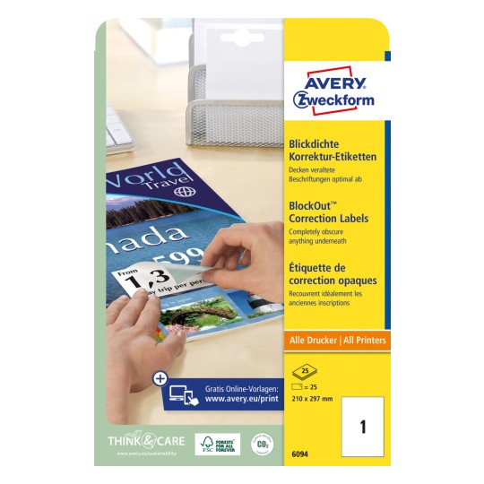 Opakowanie: Avery Zweckform Etykiety korekcyjne, Artykuł: 6094, Format: 210 x 297 mm, Zastosowanie w drukarkach: Inkjet, laser czarno-biały, laser kolorowy, Zawartość: 25 etykiet / 25 arkuszy, 1 etykieta/arkusz.