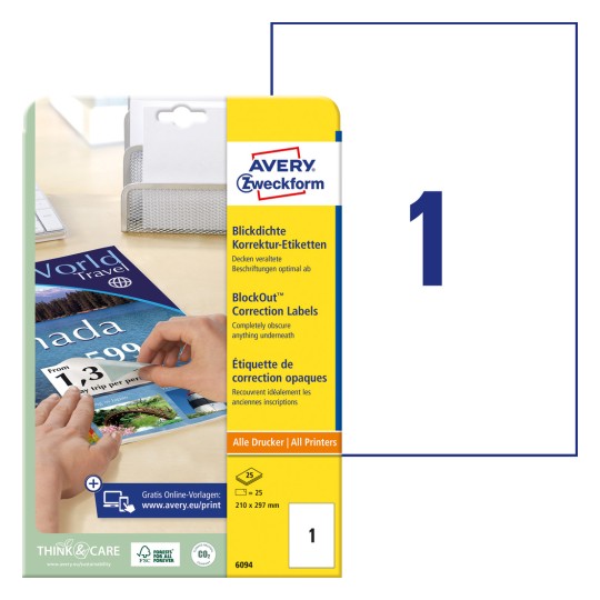 Opakowanie z arkuszem etykiet: Avery Zweckform etykiety korygujące i zakrywające, Artykuł: 6094, Format: 210 x 297 mm, Nadaje się do drukarek: Inkjet, Laser czarno-biały, laser kolorowy, Zawartość: 25 etykiet / 25 arkuszy, 1 etykieta/arkusz.