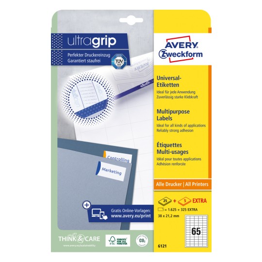 Obraz na opakowaniu: Avery Zweckform Etykiety uniwersalne, trwale przylegające, artykuł: 6121, format: 38 x 21,2 mm, odpowiednie do drukarek: Inkjet, laser czarno-biały, kolorowy laser, zawartość: 1.950 etykiet / 30 arkuszy, 65 etykiet/arkusz.
