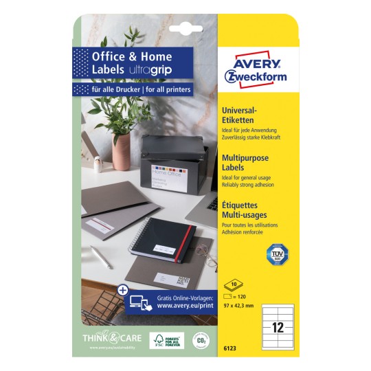 Opakowanie: Avery Zweckform - uniwersalne etykiety, z trwałym klejem, artykuł: 6123, format: 97 x 42,3 mm, do druku: atramentowe, laserowe czarno-białe, kolorowe lasery, zawartość: 120 etykiet / 10 arkuszy, 12 etykiet/arkusz.