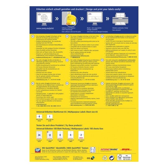 Obraz jest grafiką informacyjną o produktach do drukowania etykiet firmy Avery, zawierającą instrukcje w różnych językach, specyfikacje produktów oraz wskazówki dotyczące projektowania w celu efektywnego drukowania etykiet.