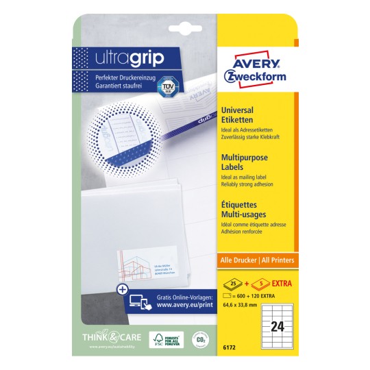 Obrazek opakowania: Avery Zweckform Universalne Etykiety, trwale przylepne, Artykuł: 6172, Format: 64,6 x 33,8 mm, Nadające się do druku: Inkjet, Laser czarno-biały, Kolorowy laser, Zawartość: 720 etykiet / 30 arkuszy, 24 etykiety/arkusz.