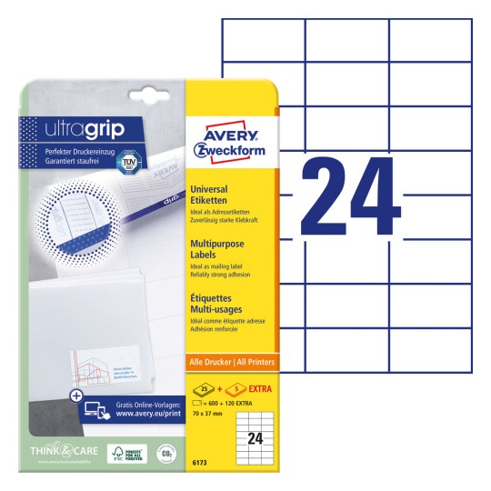 Opakowanie z arkuszem etykiet: Avery Zweckform uniwersalne etykiety, artykuł: 6173, format: 70 x 37 mm, przeznaczenie do drukarek: atramentowych, laserowych czarno-białych, kolorowych laserowych, zawartość: 720 etykiet / 30 arkuszy, 24 etykiety/arkusz.