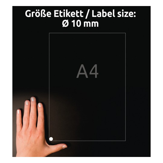 Porównanie wielkości z ręką, Artykuł: 6221REV-10, arkusz okrągłych etykiet, odklejalne, format: ⌀ 10 mm, kolor: biały.