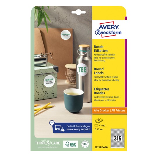 Opakowanie: Avery Zweckform Okrągłe Etykiety, Artykuł: 6221REV-10, Format: ⌀ 10 mm, Zastosowanie drukarki: Inkjet, Laser czarno-biały, Kolorowy laser, Zawartość: 3.150 etykiet / 10 arkuszy, 315 etykiet/arkusz
