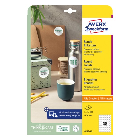 Opakowanie: Avery Zweckform Okrągłe Etykiety, Artykuł: 6223-10, Format: ⌀ 30 mm, Nadaje się do drukarek: Inkjet, laser czarno-biały, laser kolorowy, Zawartość: 480 etykiet / 10 arkuszy, 48 etykiet/arkusz.