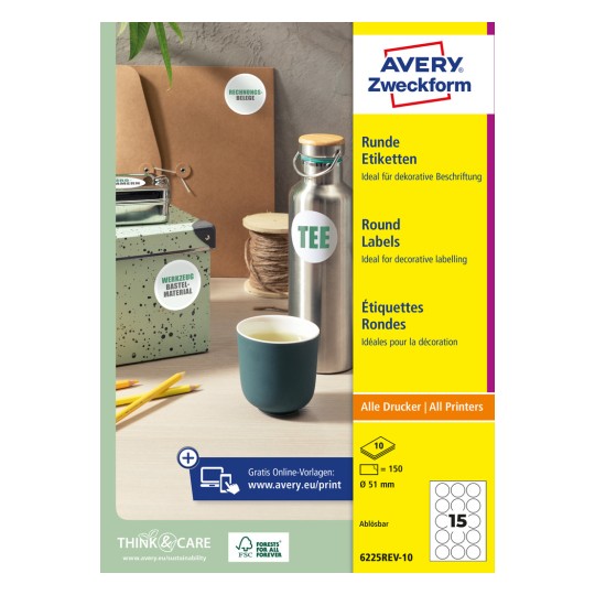 Opakowanie: Avery Zweckform Okrągłe Etykiety, Artykuł: 6225REV-10, Format: ⌀ 51 mm, Nadają się do drukarek: Inkjet, Laser czarno-biały, Kolorowy laser, Zawartość: 150 etykiet / 10 arkuszy, 15 etykiet/arkusz.