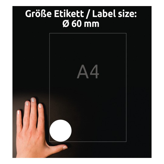 Porównanie wielkości z ręką, artykuł: 6226REV-10, arkusz okrągłych etykiet, usuwalny, format: ⌀ 60 mm, kolor: biały?