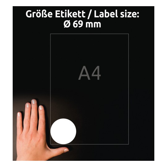 Porównanie wielkości z ręką, Artykuł: 6228-10, jeden arkusz okrągłych etykiet, format: ⌀ 69 mm, kolor: biały.