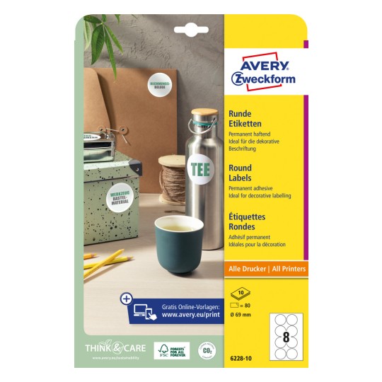 Obraz na opakowaniu: Avery Zweckform Okrągłe etykiety, artykuł: 6228-10, format: ⌀ 69 mm, nadają się do druku: Inkjet, laser czarno-biały, kolorowy laser, zawartość: 80 etykiet / 10 arkuszy, 8 etykiet/arkusz.
