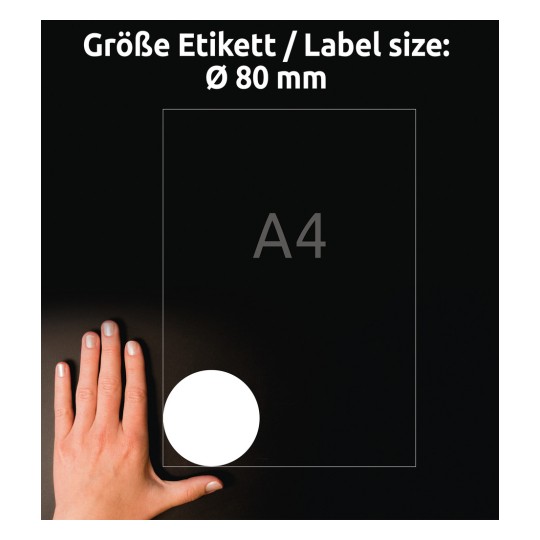 Porównanie wielkości z ręką, artykuł: 6229REV-10, arkusz okrągłych etykiet, odklejalny, format: ⌀ 80 mm, kolor: biały?