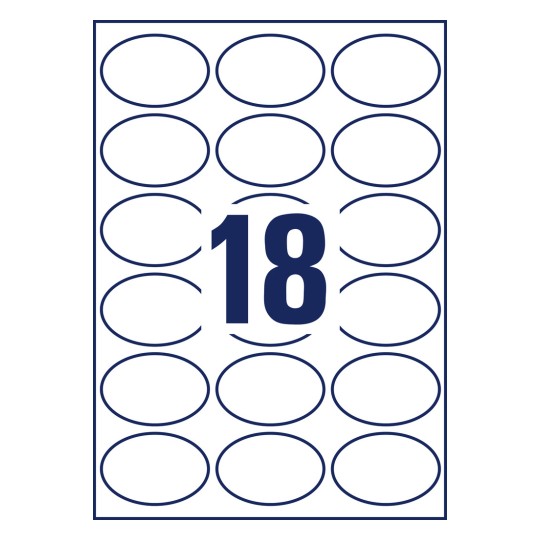 Rysunek wykrojnika pojedynczego arkusza A4, Artykuł: 6242-10, Owalne etykiety, Format: 63,5 x 42,3 mm, 18 etykiet/arkusz.