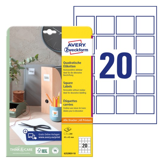 Opakowanie z arkuszem etykiet: Avery Zweckform Etykiety kwadratowe, zmywalne, artykuł: 6252REV-10, format: 45 x 45 mm, odpowiednie dla drukarek: Inkjet, Laser czarno-biały, kolorowy laser, zawartość: 200 etykiet / 10 arkuszy, 20 etykiet/arkusz.