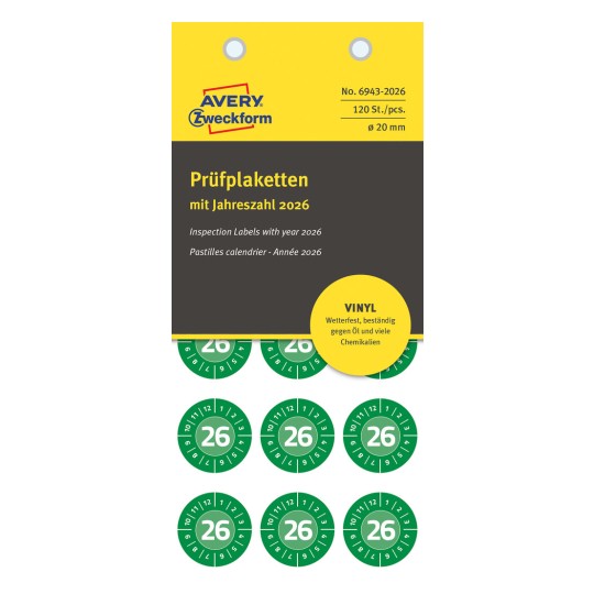Ilustracja opakowania: Avery Zweckform nienależące do formatu A4 etykiety kontrolne, artykuł: 6943-2026, format: ⌀ 20 mm, zawartość: 120 etykiet kontrolnych / 8 arkuszy, 15 etykiet kontrolnych/arkusz.