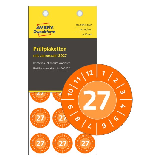 Ilustracja opakowania z plakietką kontrolną: Avery Zweckform plakietki kontrolne, artykuł: 6943-2027, format: ⌀ 20 mm, zawartość: 120 plakietek kontrolnych / 8 arkuszy, 15 plakietek kontrolnych/arkusz.