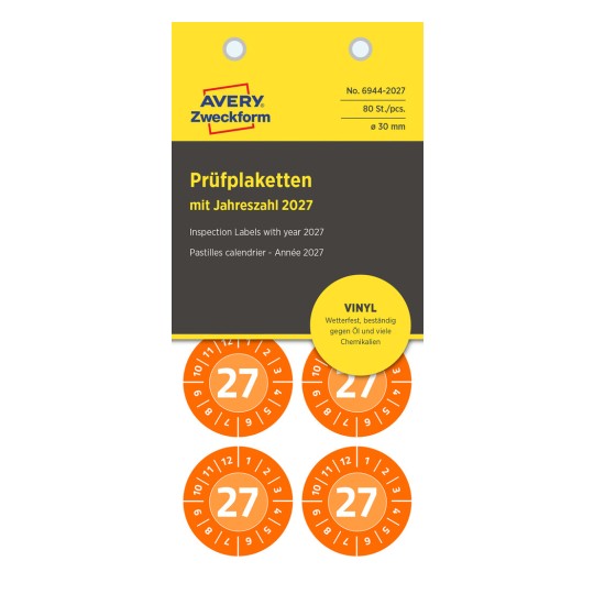 Opakowanie: Avery Zweckform Non A4 plomby kontrolne, Artykuł: 6944-2027, Format: ⌀ 30 mm, Zawartość: 80 plomb kontrolnych / 10 arkuszy, 8 plomb kontrolnych/arkusz