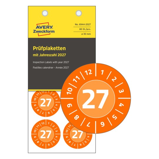 Opakowanie z etykietą kontrolną: Etykiety kontrolne Avery Zweckform, artykuł: 6944-2027, format: ⌀ 30 mm, zawartość: 80 etykiet kontrolnych / 10 arkuszy, 8 etykiet kontrolnych/arkusz?