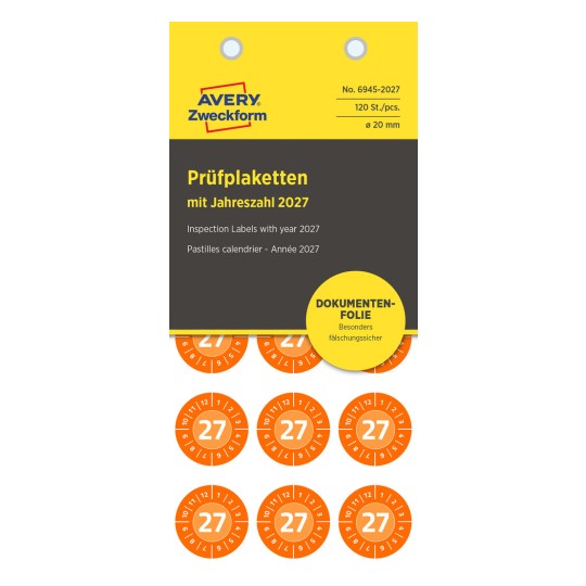 Opakowanie: Avery Zweckform Non A4 naklejki kontrolne, artykuł: 6945-2027, format: ⌀ 20 mm, zawartość: 120 naklejek kontrolnych / 8 arkuszy, 15 naklejek kontrolnych/arkusz.