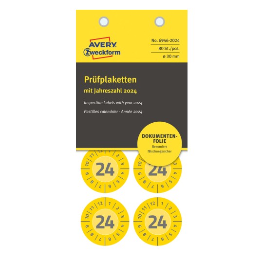 Opakowanie: Avery Zweckform Non A4 etykiety kontrolne, artykuł: 6946-2024, format: ⌀ 30 mm, zawartość: 80 etykiet kontrolnych / 10 arkuszy, 8 etykiet kontrolnych/arkusz.