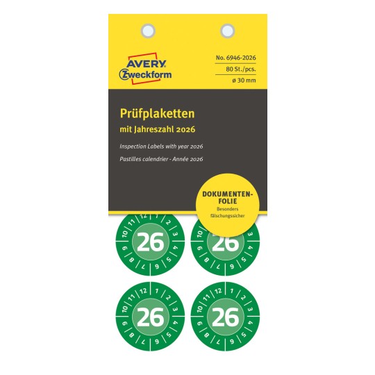 Opakowanie: Avery Zweckform Non A4 Etykiety kontrolne, artykuł: 6946-2026, format: ⌀ 30 mm, zawartość: 80 etykiet kontrolnych / 10 arkuszy, 8 etykiet kontrolnych/arkusz.