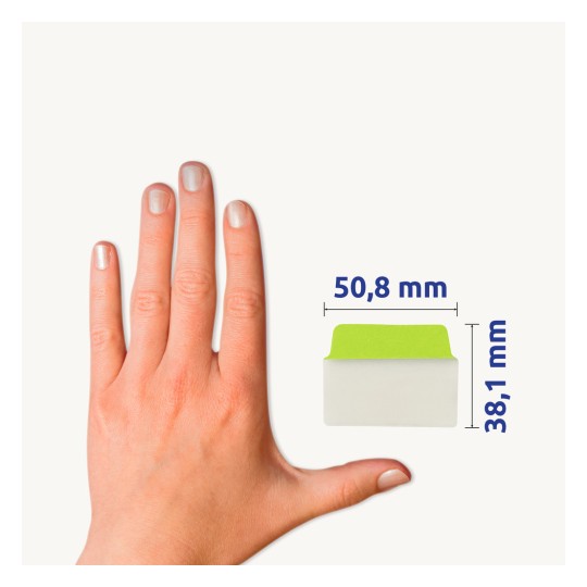 Porównanie rozmiarów z ręką, artykuł: 74753, jeden arkusz pasków samoprzylepnych, format: 50,8 x 38,1 mm, kolor: neonowy zielony, neonowy pomarańczowy, neonowy różowy.