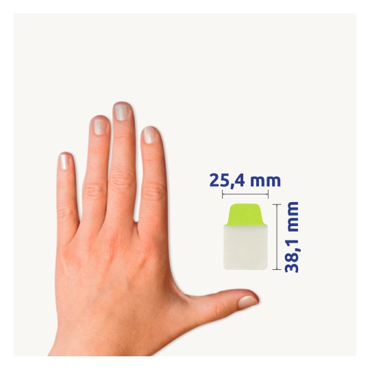 Porównanie wielkości z dłonią, artykuł: 74759, jeden arkusz pasków samoprzylepnych, format: 25,4 x 38,1 mm, kolor: neonowy zielony, neonowy różowy, neonowy pomarańczowy, neonowy żółty.