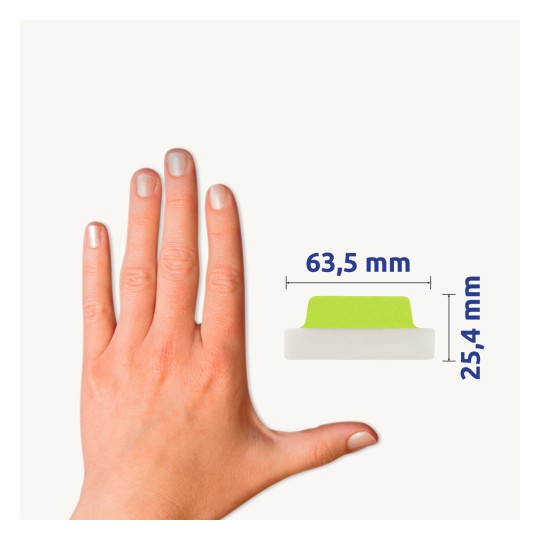 Porównanie rozmiaru z ręką, artykuł: 74789, jeden arkusz samoprzylepnych pasków, format: 63,5 x 25,4 mm, kolor: biały.