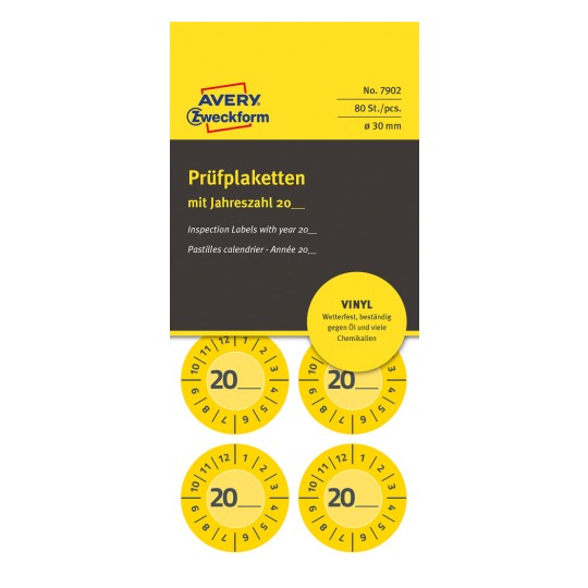 Opakowanie: Avery Zweckform etykiety kontrolne Non A4, artykuł: 7902, format: ⌀ 30 mm, zawartość: 80 etykiet kontrolnych / 10 arkuszy, 8 etykiet kontrolnych/arkusz.