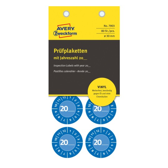 Opakowanie: Avery Zweckform Non A4 plomby kontrolne, Artykuł: 7903, Format: ⌀ 30 mm, Zawartość: 80 plomb kontrolnych / 10 arkuszy, 8 plomb kontrolnych/arkusz.