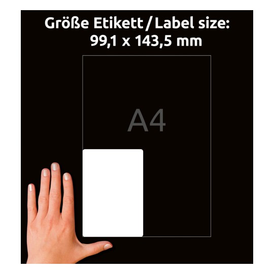 Porównanie wielkości z dłonią, artykuł: 8017-300, jeden arkusz etykiet wysyłkowych, format: 99,1 x 143,5 mm, kolor: biały.