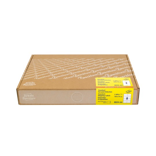 Obrazek na opakowaniu: Avery Zweckform Etykiety wysyłkowe, Duże opakowanie, Artykuł: 8024-300, Format: 105 x 74 mm, Nadaje się do drukarek: Atramentowe, Laser czarno-biały, Laser kolorowy, Zawartość: 2.400 etykiet / 300 arkuszy, 8 etykiet/arkusz.