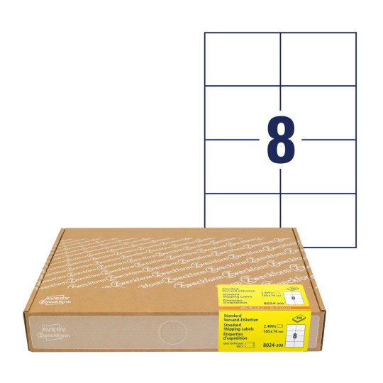 Opakowanie z arkuszem etykiet: Avery Zweckform Etykiety wysyłkowe, Artykuł: 8024-300, Format: 105 x 74 mm, Zdatność do drukowania: atramentowa, laser czarno-biały, laser kolorowy, Zawartość: 2.400 etykiet / 300 arkuszy, 8 etykiet/arkusz.