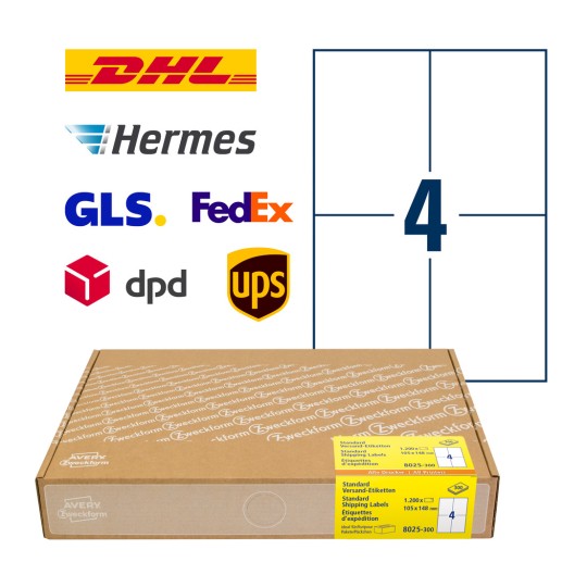 Opakowanie z arkuszem etykiet: Avery Zweckform Etykiety wysyłkowe, Artykuł: 8025-300, Format: 105 x 148 mm, Przeznaczenie: Inkjet, Laser czarno-biały, Kolorowy laser, Zawartość: 1200 etykiet / 300 arkuszy, 4 etykiety/arkusz.
