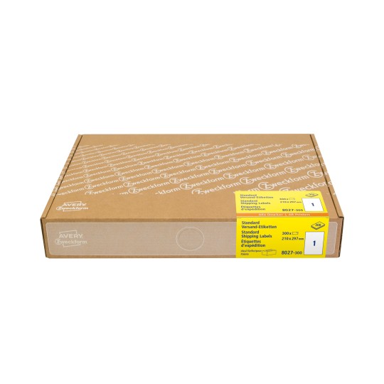 Opakowanie: Avery Zweckform Etykiety wysyłkowe, duże opakowanie, artykuł: 8027-300, format: 210 x 297 mm, przeznaczenie do druku: atramentowe, laserowe czarno-białe, laserowe kolorowe, zawartość: 300 etykiet / 300 arkuszy, 1 etykieta/arkusz