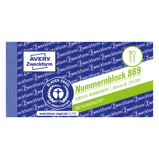Ilustracja produktu: Avery Zweckform, artykuł: 869-10-3, bloczek numeracyjny, 105 x 53 mm, małe opakowanie, 1000 numerów/bloczek, 10 bloczków/szt.