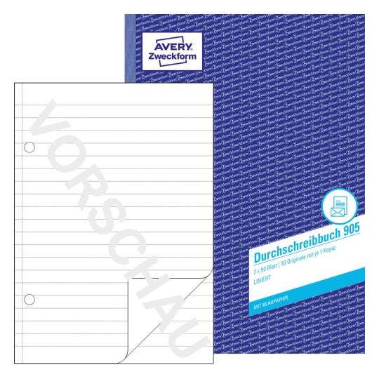 Ilustracja produktu z podglądem formularza: Avery Zweckform, artykuł: 905, książka do kopiowania, 210 x 297 mm, A4, 2 x 50 arkuszy/książka.